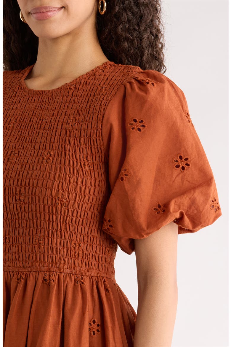 Deana Eyelet Smocked Midi Dress, Alternate, color, BROWN
