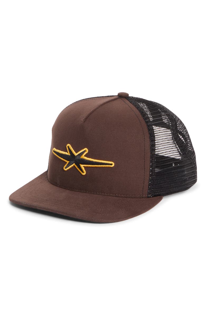 PHIPPS Star Logo Embroidered Snapback Trucker Hat, Main, color, Brown