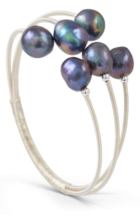 Black Freshwater Pearl Wire Cuff Bracelet