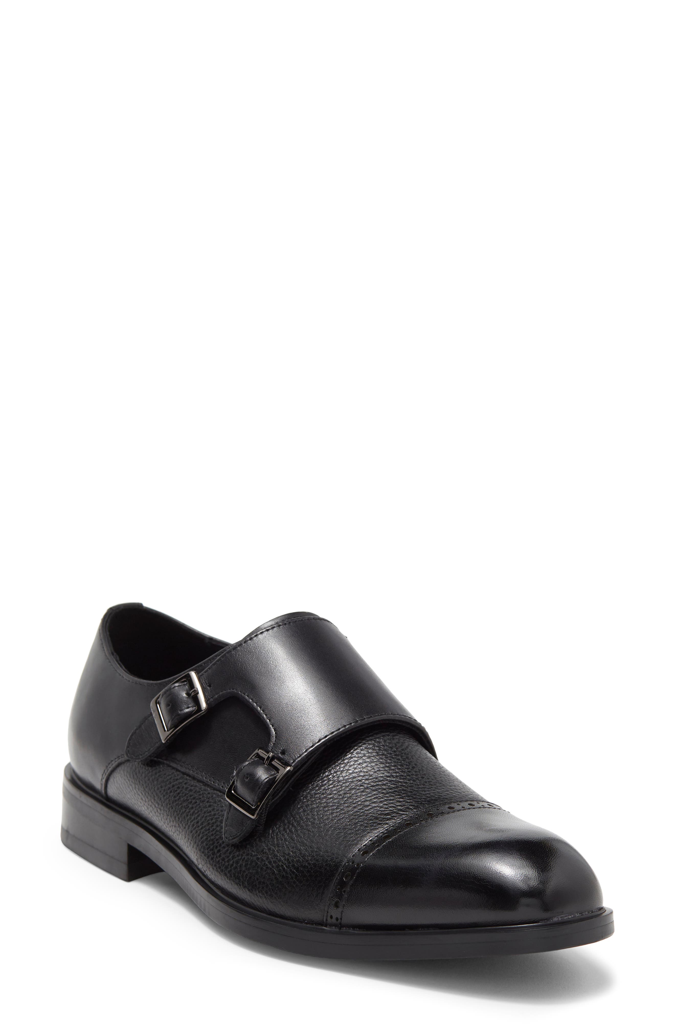 NORDSTROM RACK Watson Double Monk Cap Toe Leather Shoe, Main, color, Black