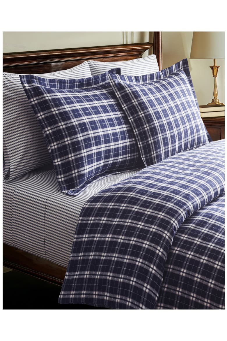Oxford Tartan Cotton Flannel Duvet Cover, Alternate, color, NAVY