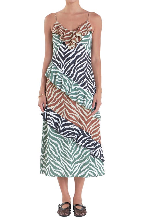 English Factory Zebra Print Ruffle Slipdress In Brown Multi