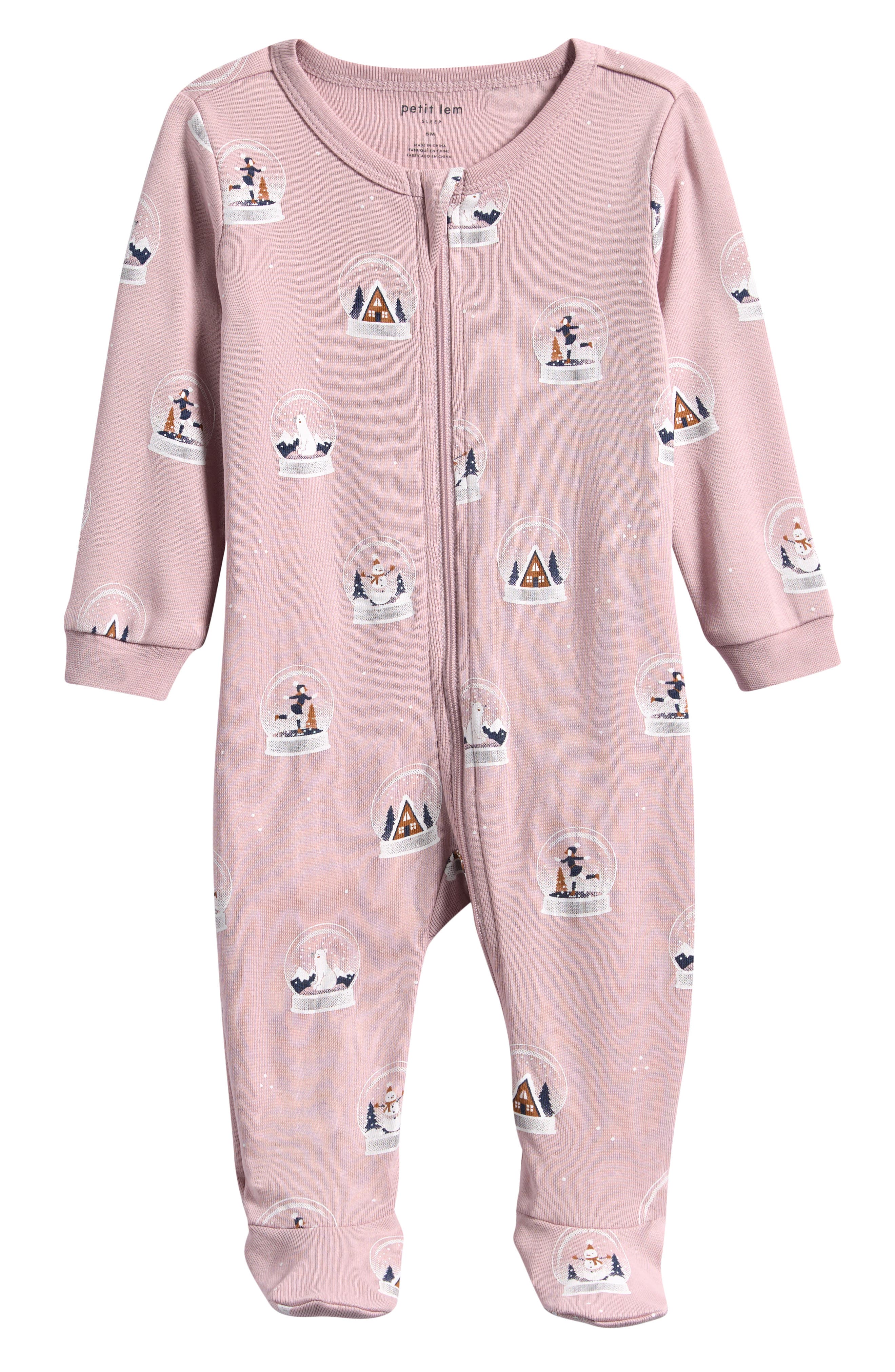 Petit Lem Snow Globe Organic Cotton Fitted Footie Pajamas in Light Purple 