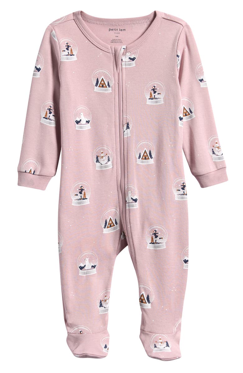 Petit Lem Snow Globe Organic Cotton Fitted Footie Pajamas, Main, color, Light Purple