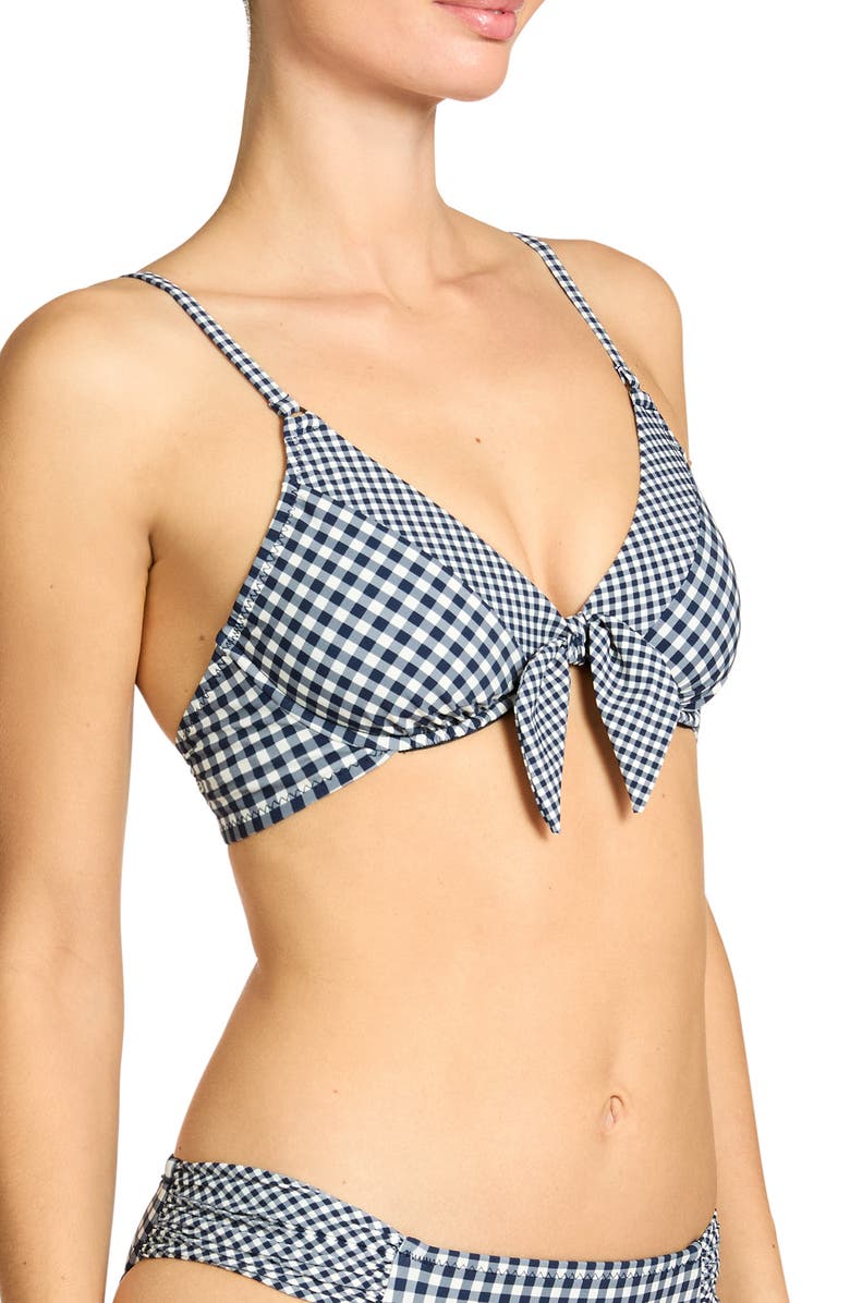 Robin Piccone Brigitte Tie Front Underwire Bikini Top, Alternate, color, Navy/ Cream