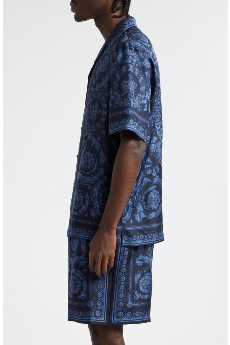 Barocco Print Silk Button-Up Shirt, Alternate, color, NAVY BLUE