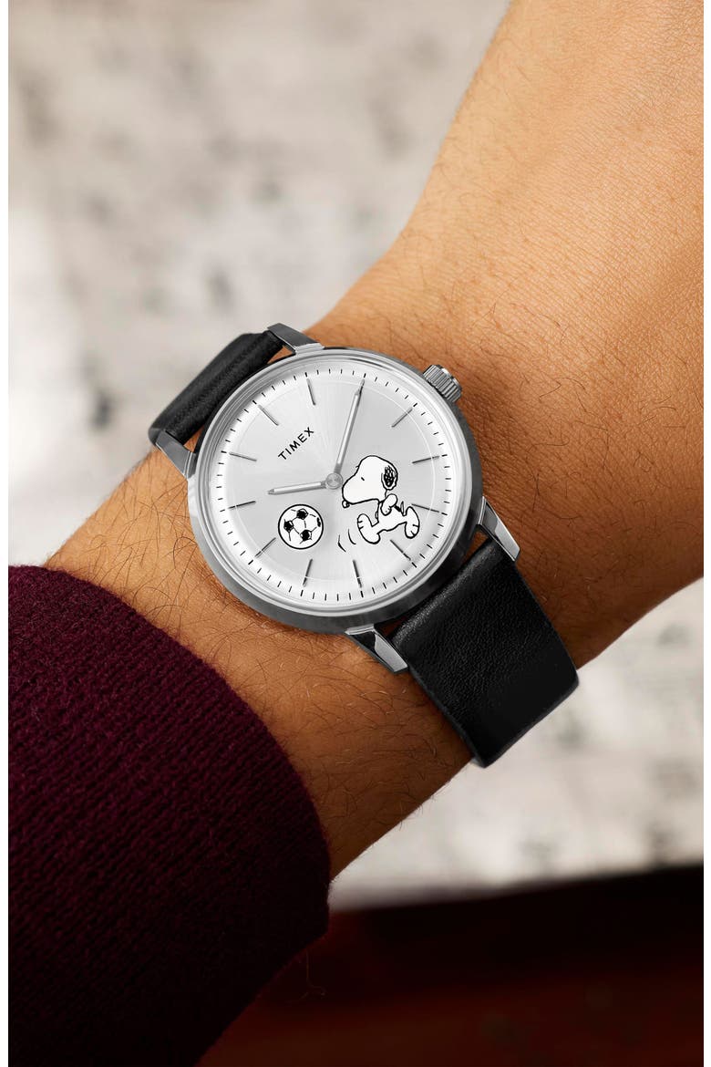 Peanuts® x Timex Marlin® Automatic 40mm Leather Strap Watch, Alternate, color, SILVER-TONE