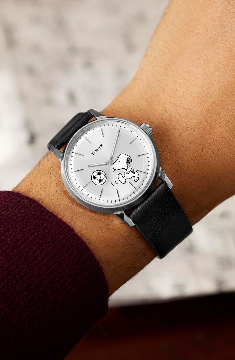 Timex<sup>®</sup> Peanuts<sup>®</sup> x Timex Marlin<sup>®</sup> Automatic 40mm Leather Strap Watch, Alternate, color, Silver-Tone