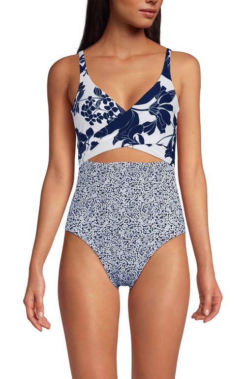 Lands' End Wrap Monokini High Leg One Piece Swimsuit In White/deep Sea Navy Lilies Mix