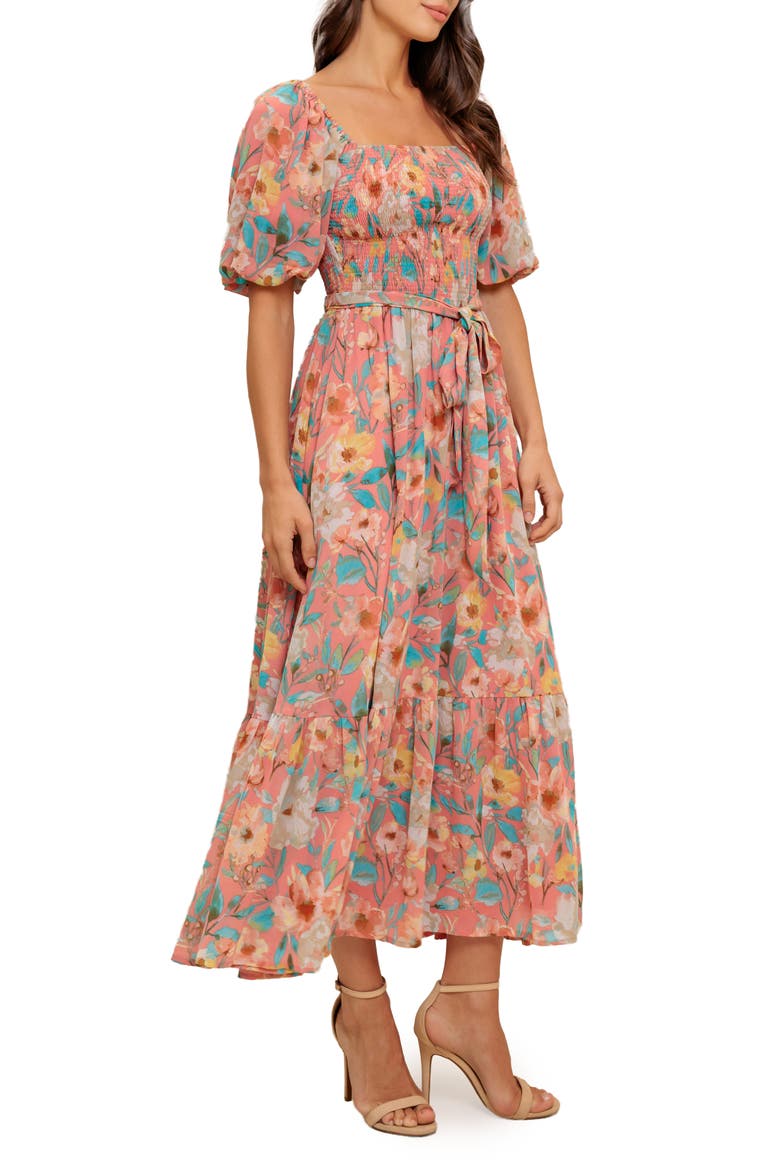 Smocked Puff Sleeve Midi Dress, Alternate, color, ROSE