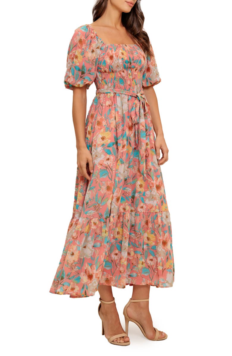 FLYING TOMATO Smocked Puff Sleeve Midi Dress, Alternate, color, Rose