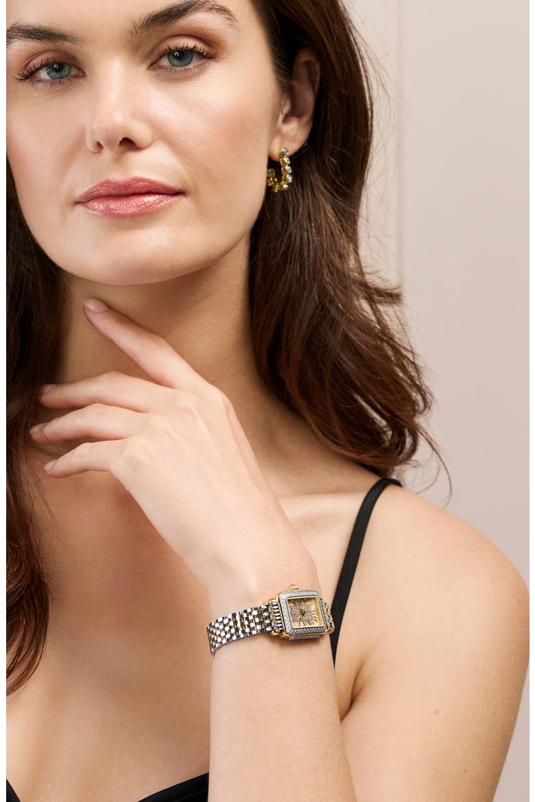 Deco Madison Mini Diamond & Mother-of-Pearl Two-Tone Bracelet Watch, 23mm x 24mm, Alternate, color, TWO TONE / GOLD PAVE