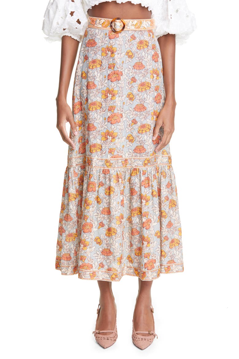 Andie Floral Belted Linen Skirt, Main, color, DUSTY BLUE FLORAL