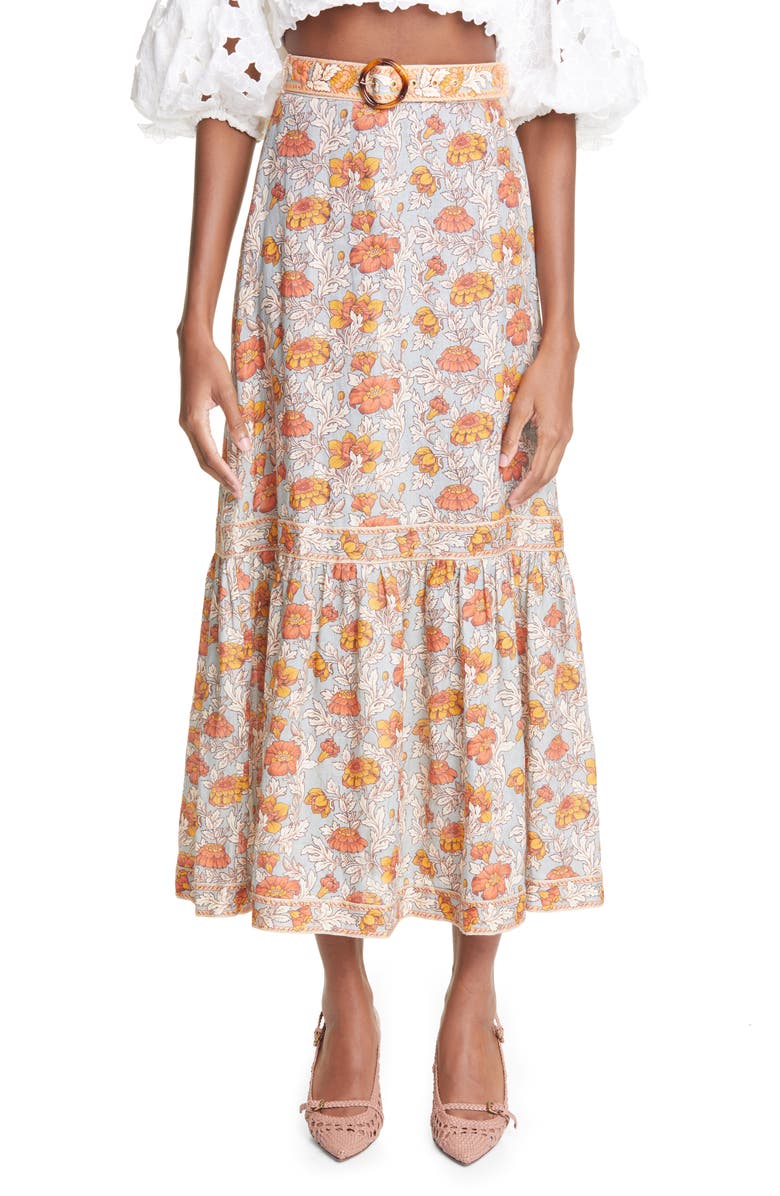 Zimmermann Andie Floral Belted Linen Skirt, Main, color,