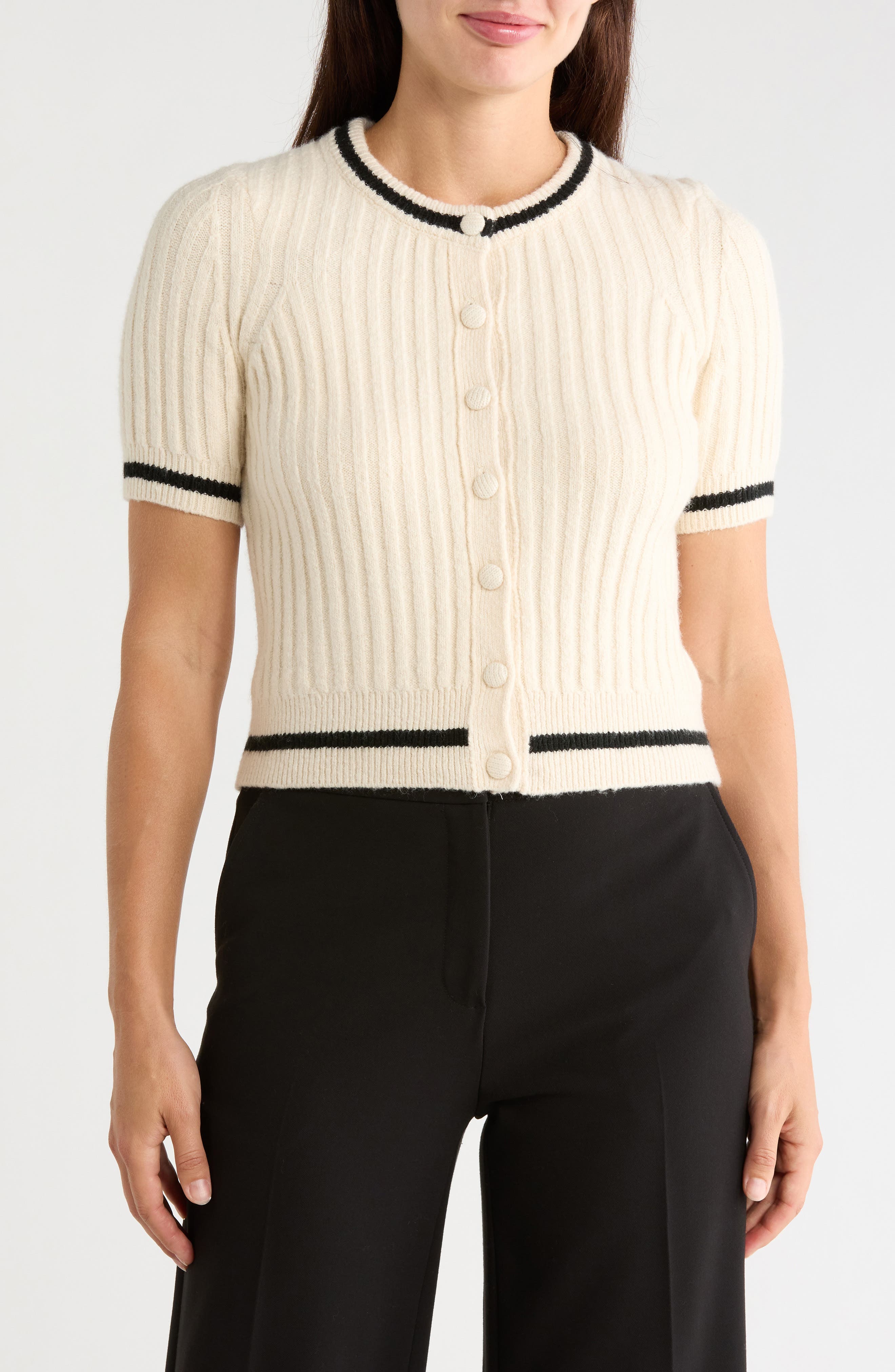 Tipped Ribbed Short Sleeve Cardigan