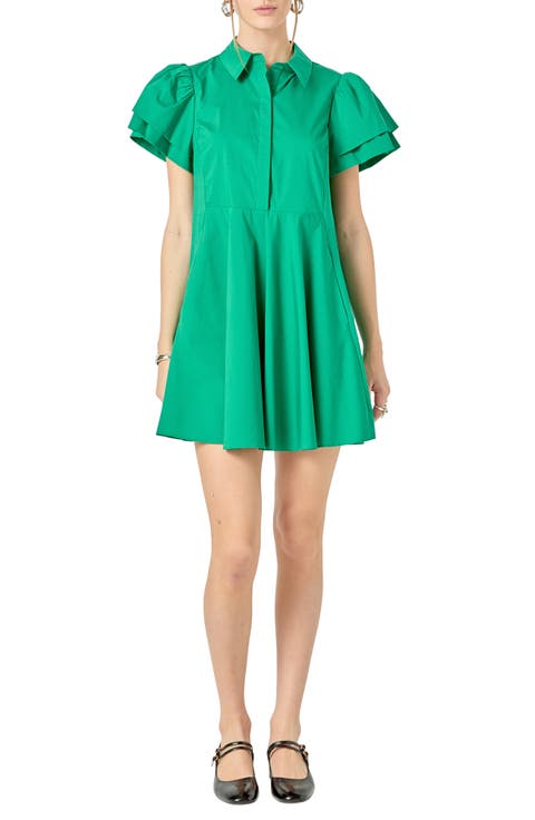 Ruffle Sleeve Flare Mini Shirtdress