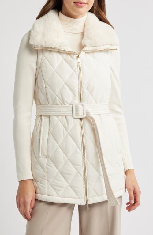 Anne Klein Belted Quilted Faux Fur Collar Vest in Anne White 