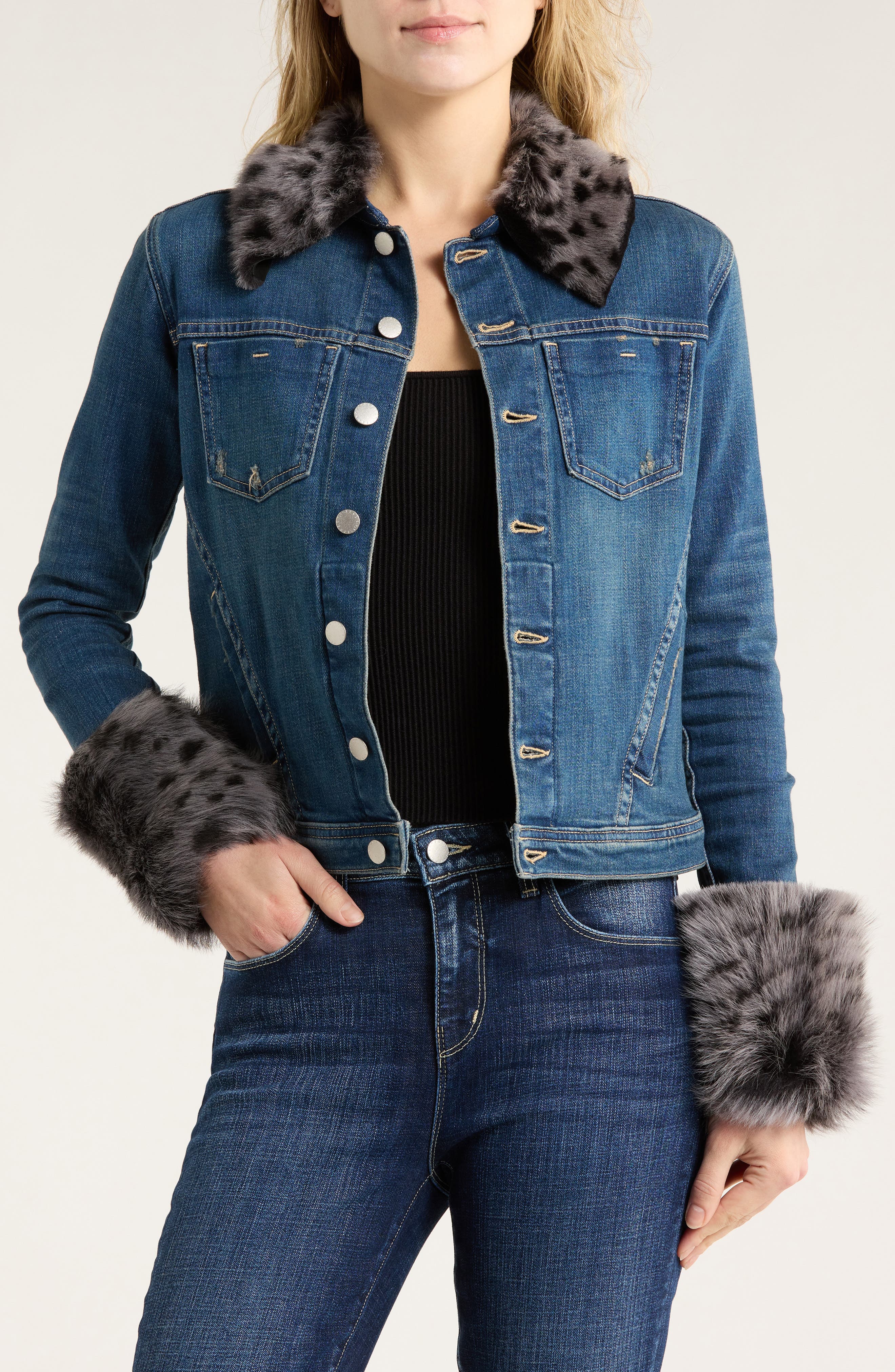 L'AGENCE Shea Genuine Shearling Trim Denim Jacket