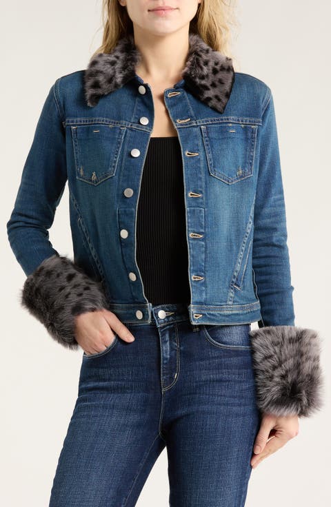 Shea Genuine Shearling Trim Denim Jacket
