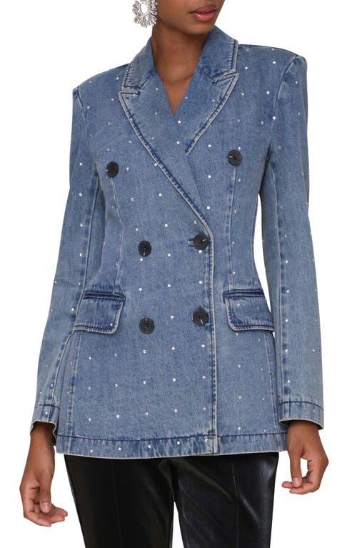 Avec Les Filles Double Breasted Denim Blazer in Med Blue With Rhinestones 