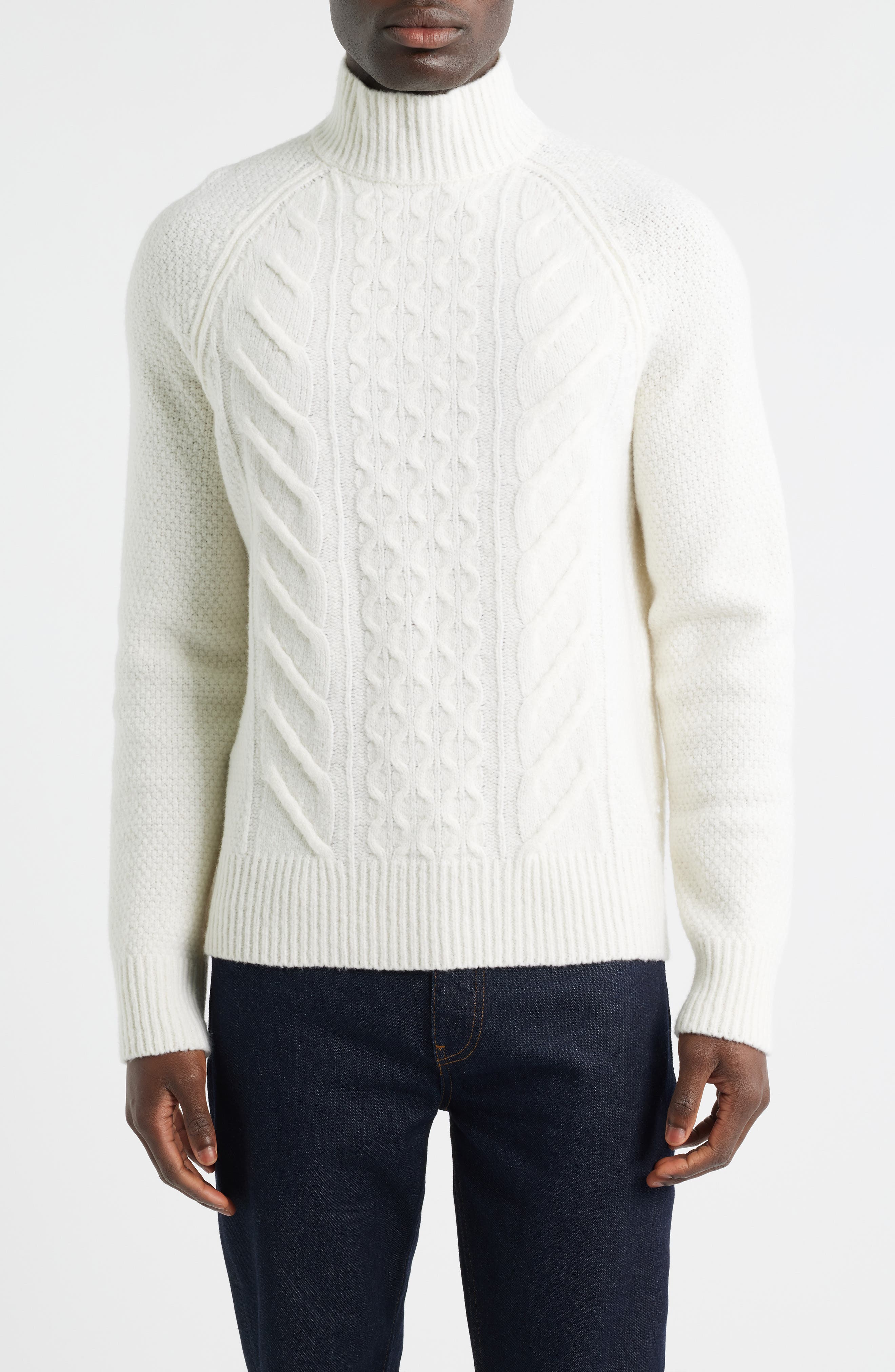 BOSS Hector Cable Virgin Wool & Silk Mock Neck Sweater