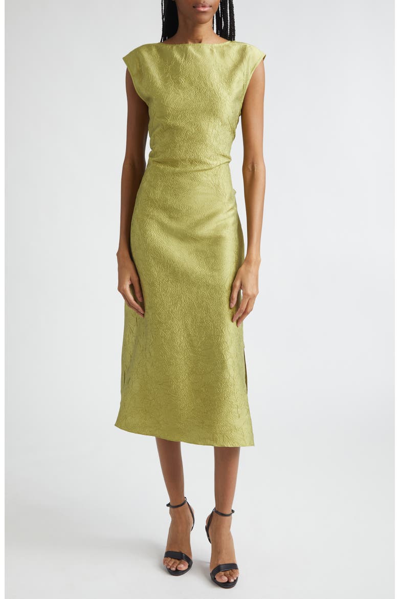 Bow Crinkled Silk Midi Dress, Main, color, PISTACHIO