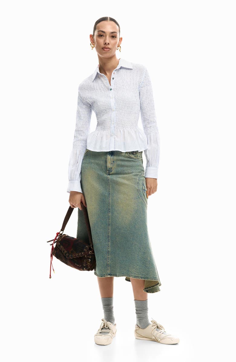 Desigual Stripe Smocked Peplum Cotton Blend Button-Up Shirt, Alternate, color, Medium Beige