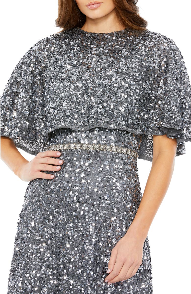 Mac Duggal Women's Embellished Cape High Neck Midi Dress, Alternate, color, Charcoal