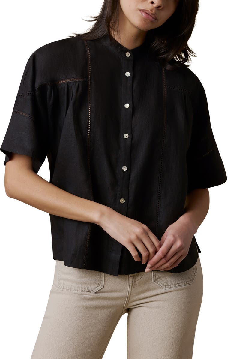 Faherty Luna Lattice Inset Linen Shirt, Main, color, Black