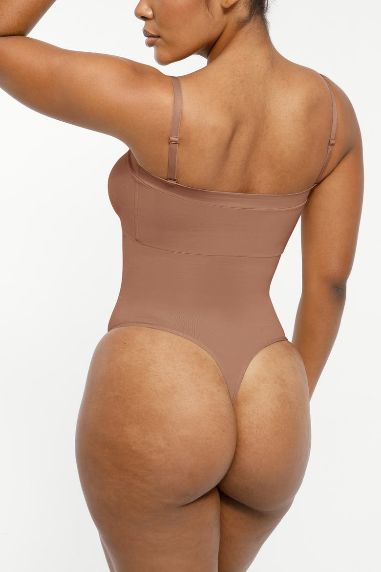 Skin Flow Strapless Sculpt Thong Bodysuit, Alternate, color, Bronze