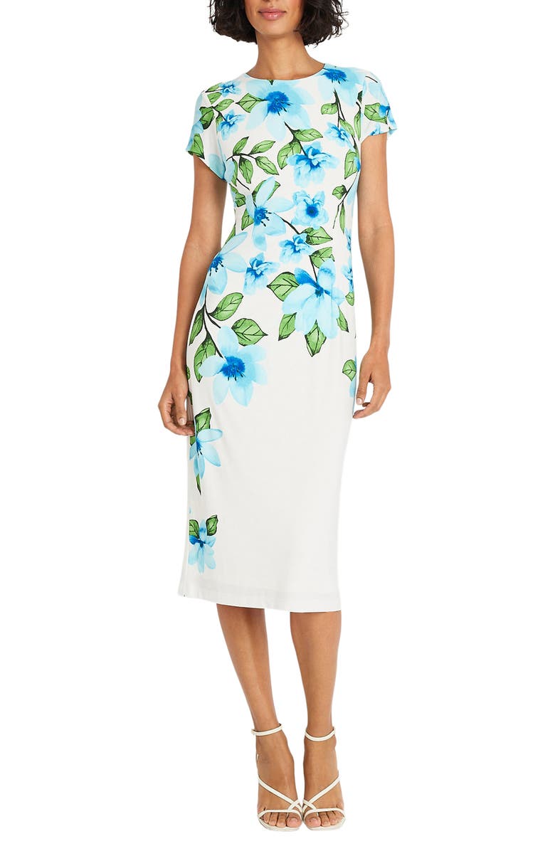 Maggy London Floral Midi Sheath Dress, Main, color, Ivory/ Aqua Blue