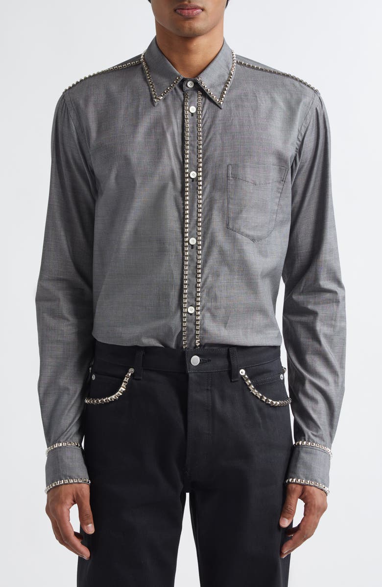 TAKAHIROMIYASHITA TheSoloist. Stud Embellished Plaid Twill Button-Up Shirt, Main, color, Black X White(Glen Check)