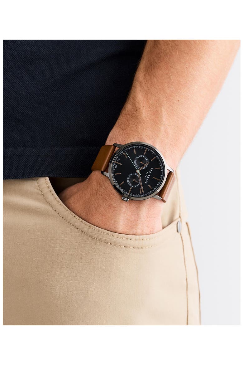 Haarvin Leather Strap Watch, 42mm, Alternate, color, BROWN