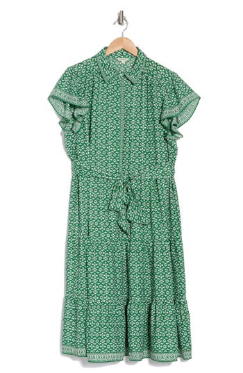 Max Studio Collared Midi Dress In Green/cream Ornate Elegance