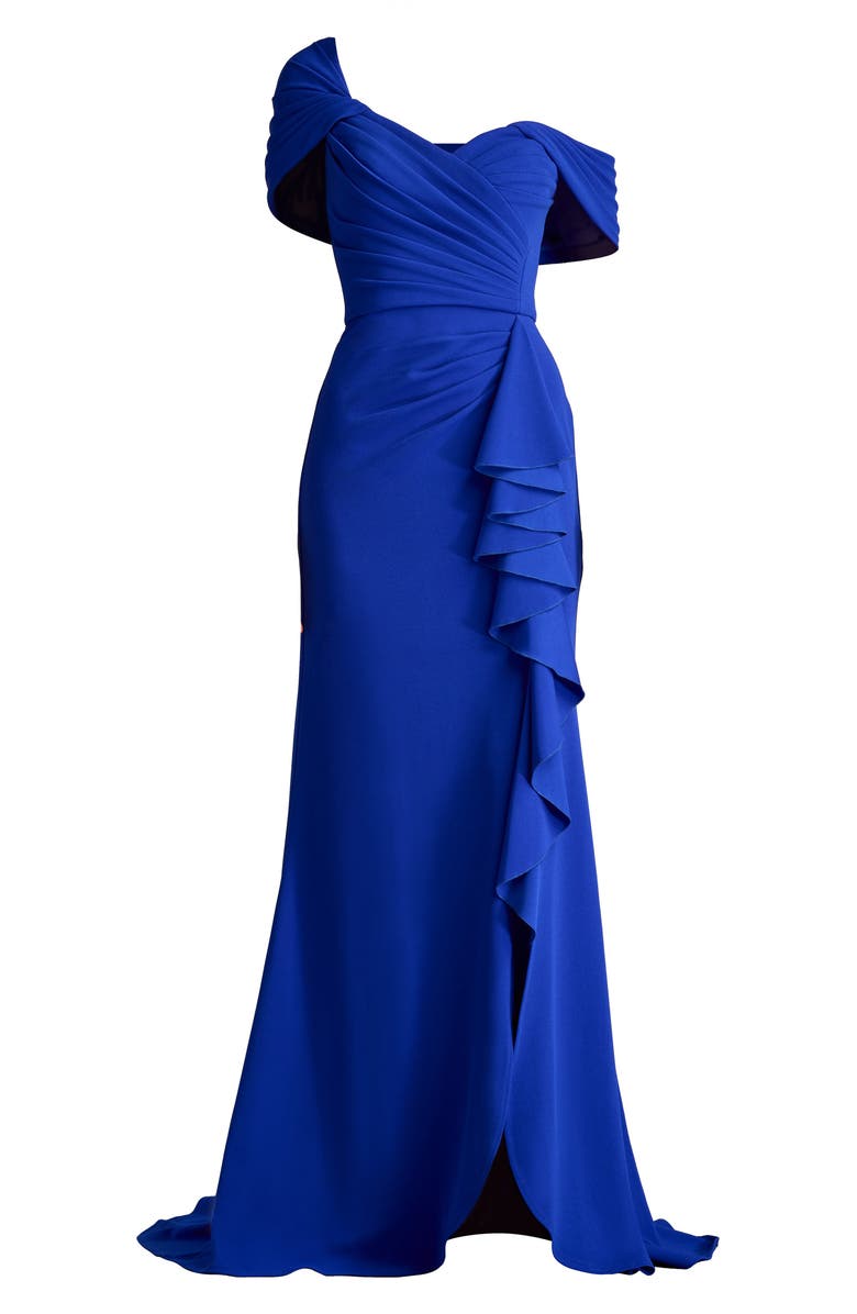Tadashi Shoji Pleated One Shoulder Crepe Gown, Alternate, color, Mystic Blue
