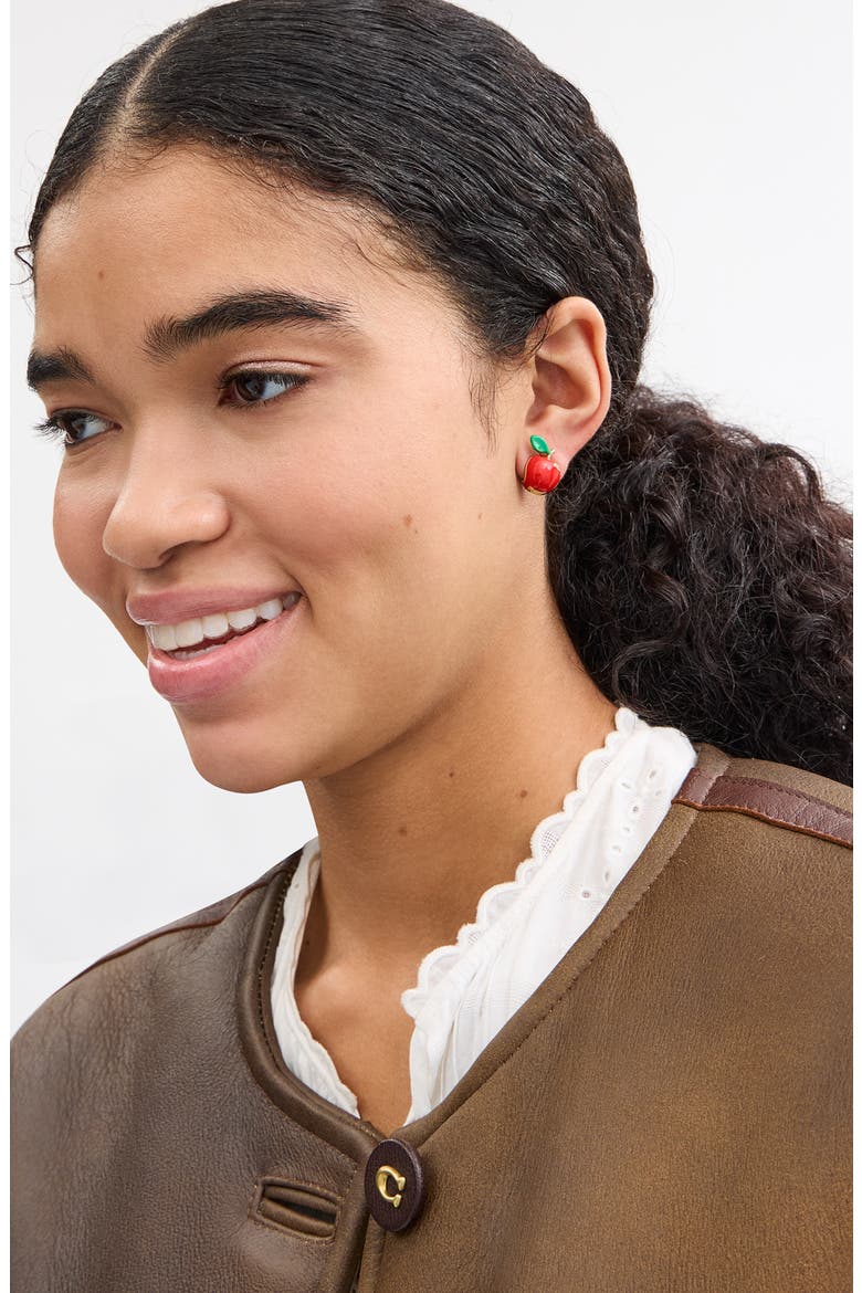 Apple Huggie Hoop Earrings, Alternate, color, RED/ GOLD