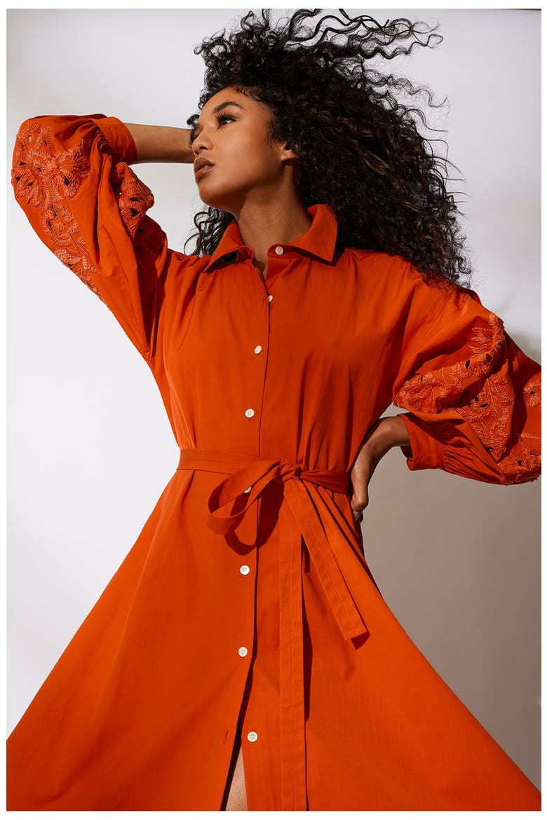 Tech Cotton Taffeta Balloon Sleeve Belted Shirt Dress w/ Embroidery, Alternate, color, ORANGE