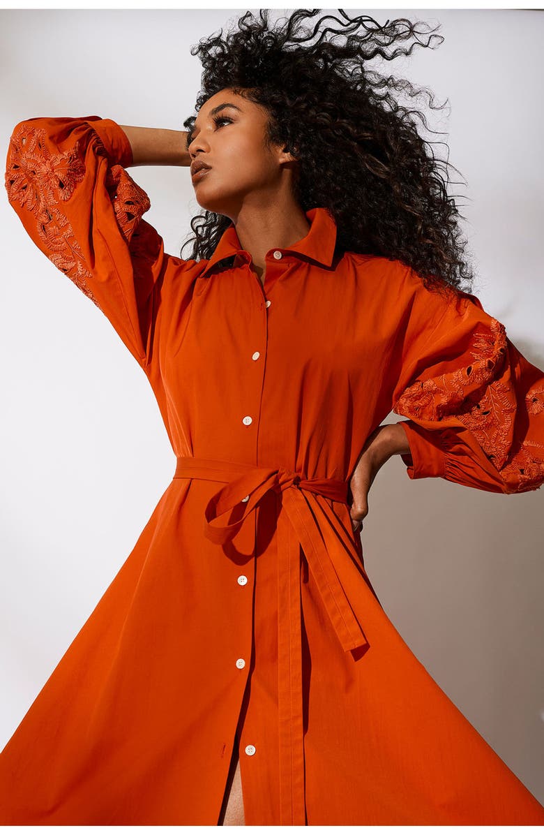 Natori Tech Cotton Taffeta Balloon Sleeve Belted Shirt Dress w/ Embroidery, Alternate, color, Orange