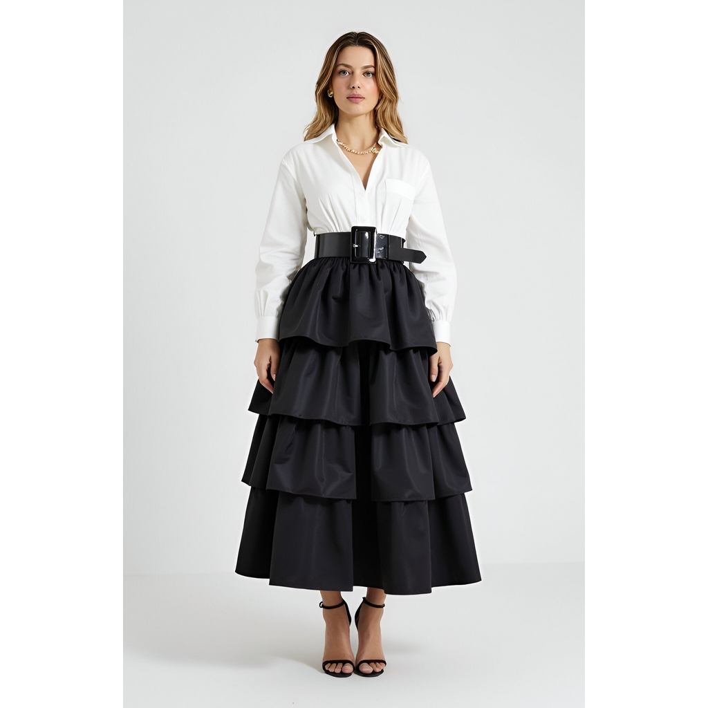 Modenaire Tiered Ruffle Midi Skirt With Wide Belt And Layered Hem In Black