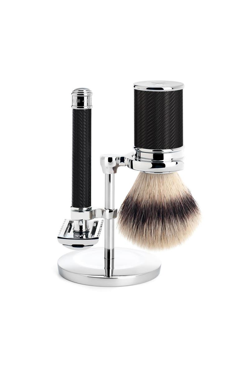 Black/Chrome Silvertip Fibre / Safety Razor (Open Comb) Shaving Set, Main, color, Black and Chrome
