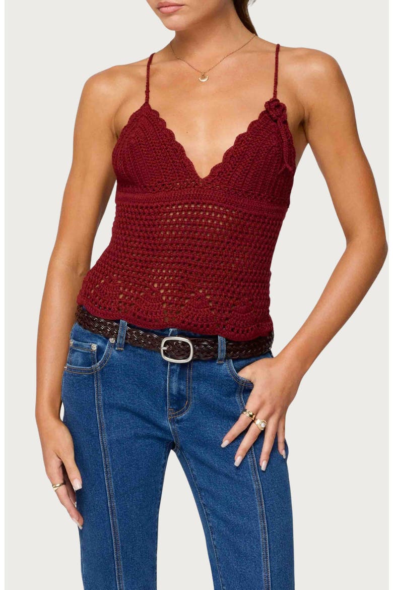 Delila V-Neck Crochet Top, Main, color, BURGUNDY