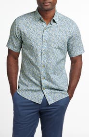 David Donahue Floral Short Sleeve Linen & Cotton Button-Up Shirt