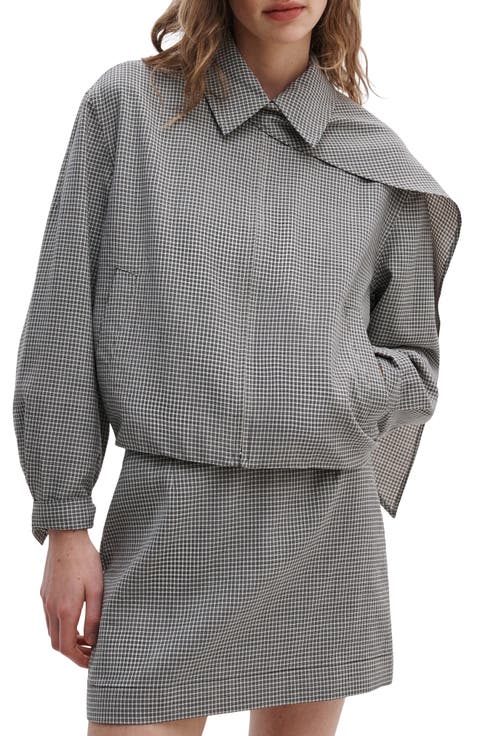 Krista Windowpane Check Wool Jacket with Attached Scarf