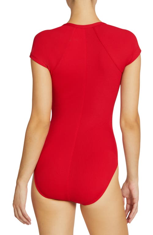Robin Piccone Amy Short Sleeve Rib One-piece Swimsuit In Rhubarb