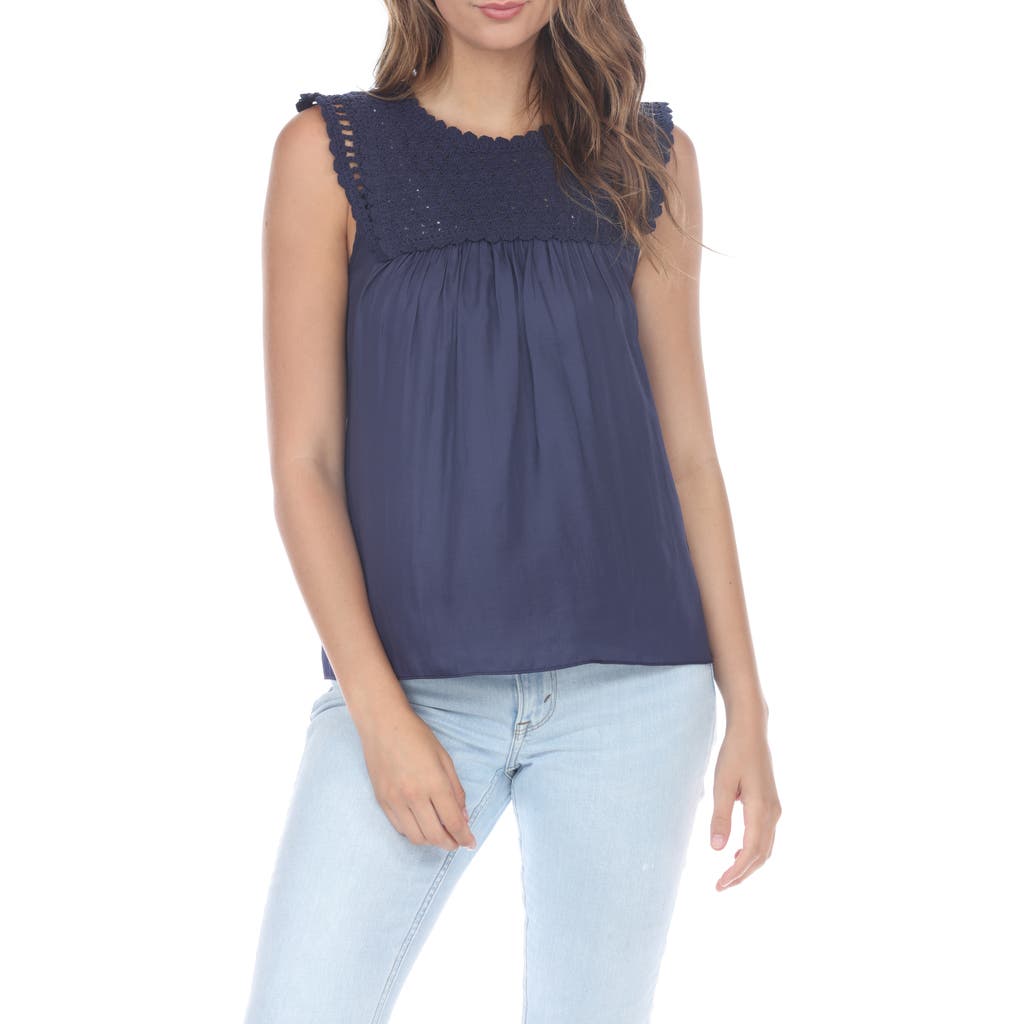 Rain And Rose Lacey Knit Yoke Mixed Media Tank In Navy