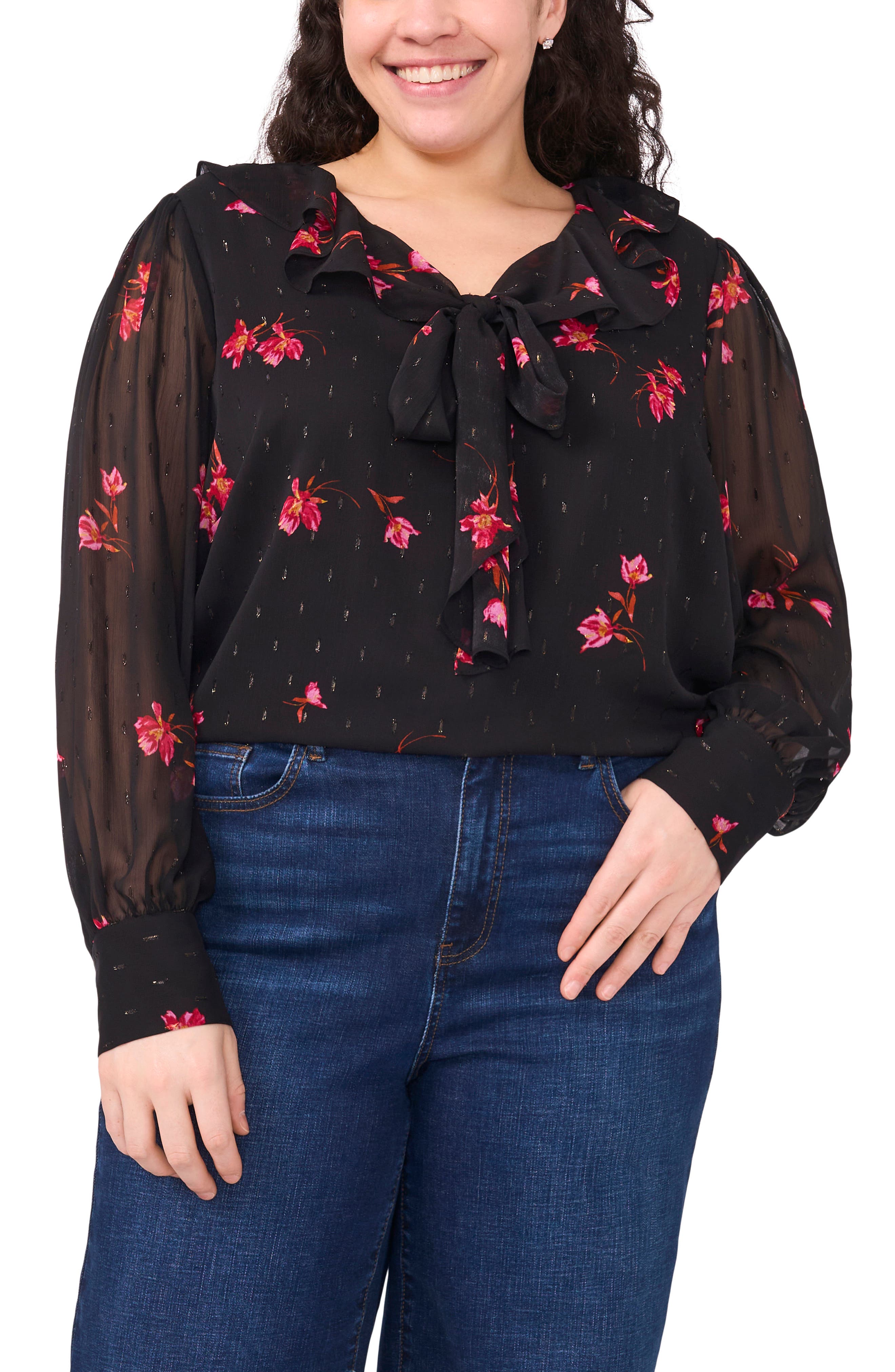 CeCe Floral Metallic Fleck Top