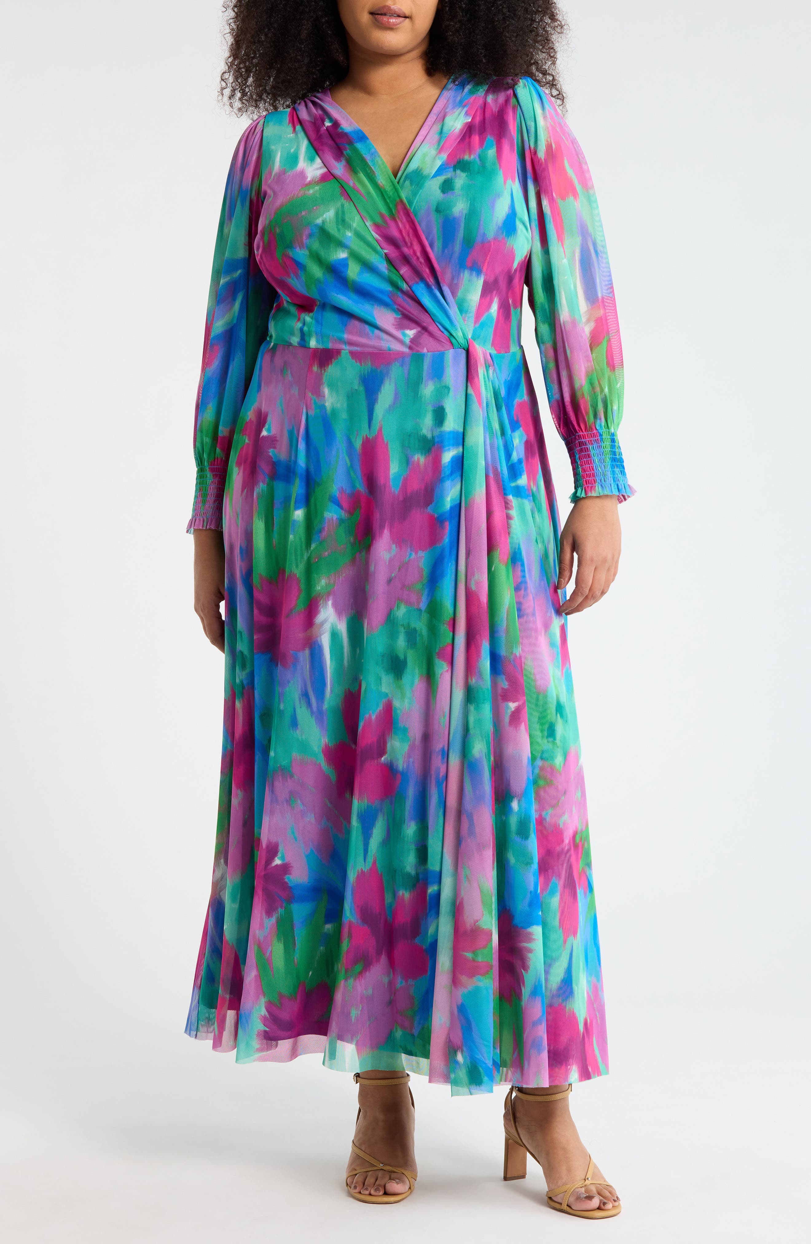 London Times Floral Long Sleeve Faux Wrap Maxi Dress