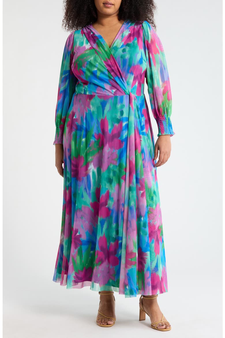 Floral Long Sleeve Faux Wrap Maxi Dress, Main, color, PINK/ BLUE