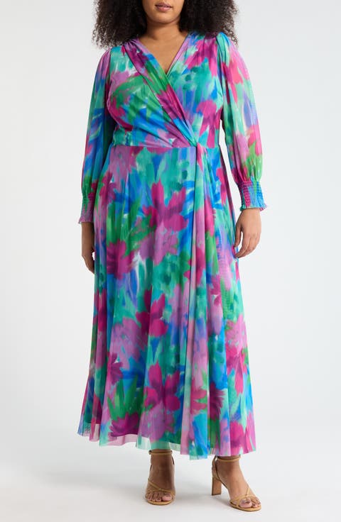 Floral Long Sleeve Faux Wrap Maxi Dress (Plus)