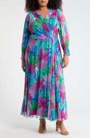 London Times Floral Long Sleeve Faux Wrap Maxi Dress